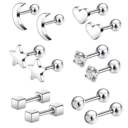 6 Pairs 5 Colors Stainless Steel Tiny Stud Earrings for Women Girls Heart Moon Star Crystal CZ Earrings Cartilage Helix Ear Piercing Set