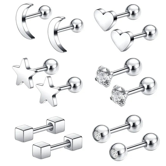 6 Pairs 5 Colors Stainless Steel Tiny Stud Earrings for Women Girls Heart Moon Star Crystal CZ Earrings Cartilage Helix Ear Piercing Set