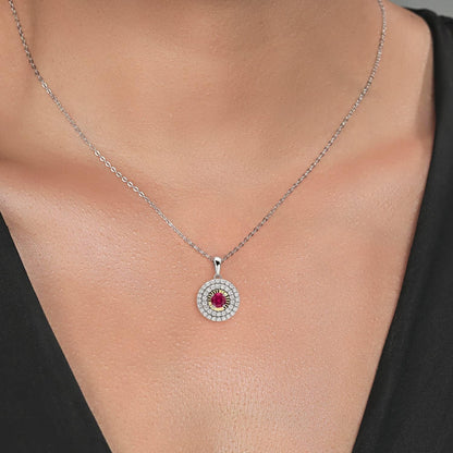 925 Sterling Silver and 10K Yellow Gold round Red Created Ruby and White Moissanite Pendant Necklace for Women (0.59 Cttw, with 18 Inch Chain)
