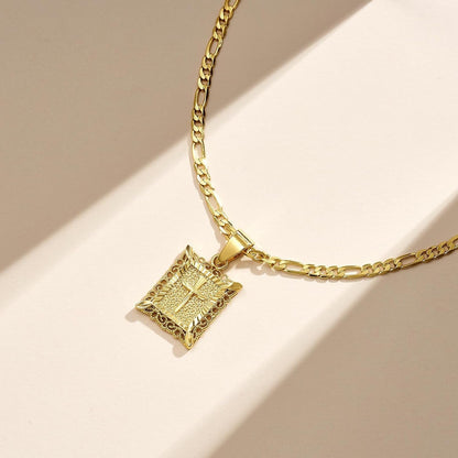 Cross Pendant Necklace for Women Men, 14K Gold and Silver Plated Square Faith Christian Figaro Chain Religious Jewelry Gift for Christian Faith, Baptism, First Communion