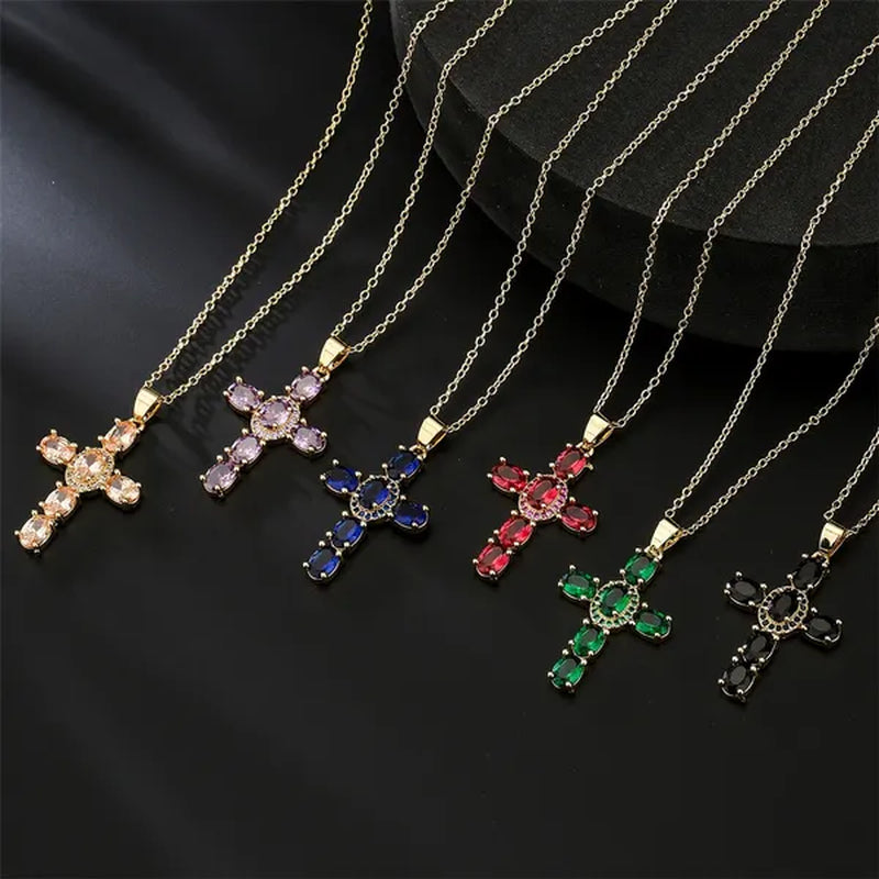 Fashion Jewelry Luxurious Temperament Gold-Plated Sapphire Emerald Ruby Topaz Amethyst Cross Pendant Necklace