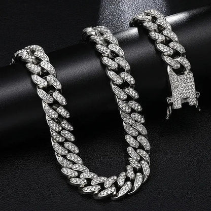 13MM Men's Hip Hop Necklace or Bracelet,Iced Out Bling Rhinestones Miami Cuban Link Chain Necklace Bracelet Set Jewelry Gifts