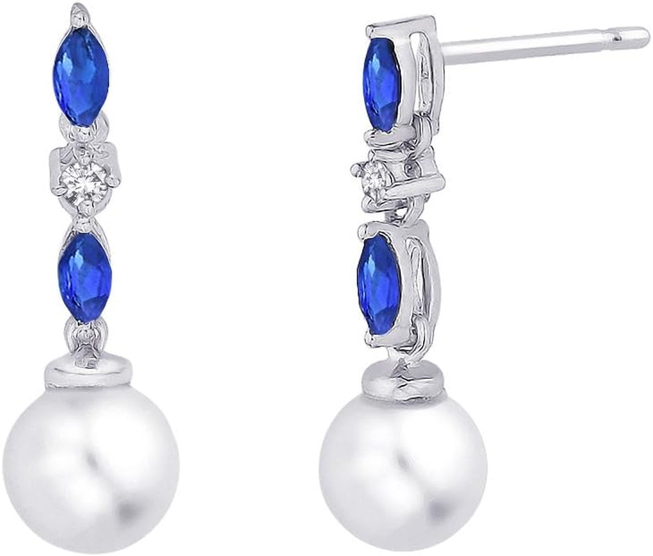 Cultured Freshwater Pearl and 1/20 Ct. Diamond with 1/2 Ct. Sapphire Earrings in 14K White Gold