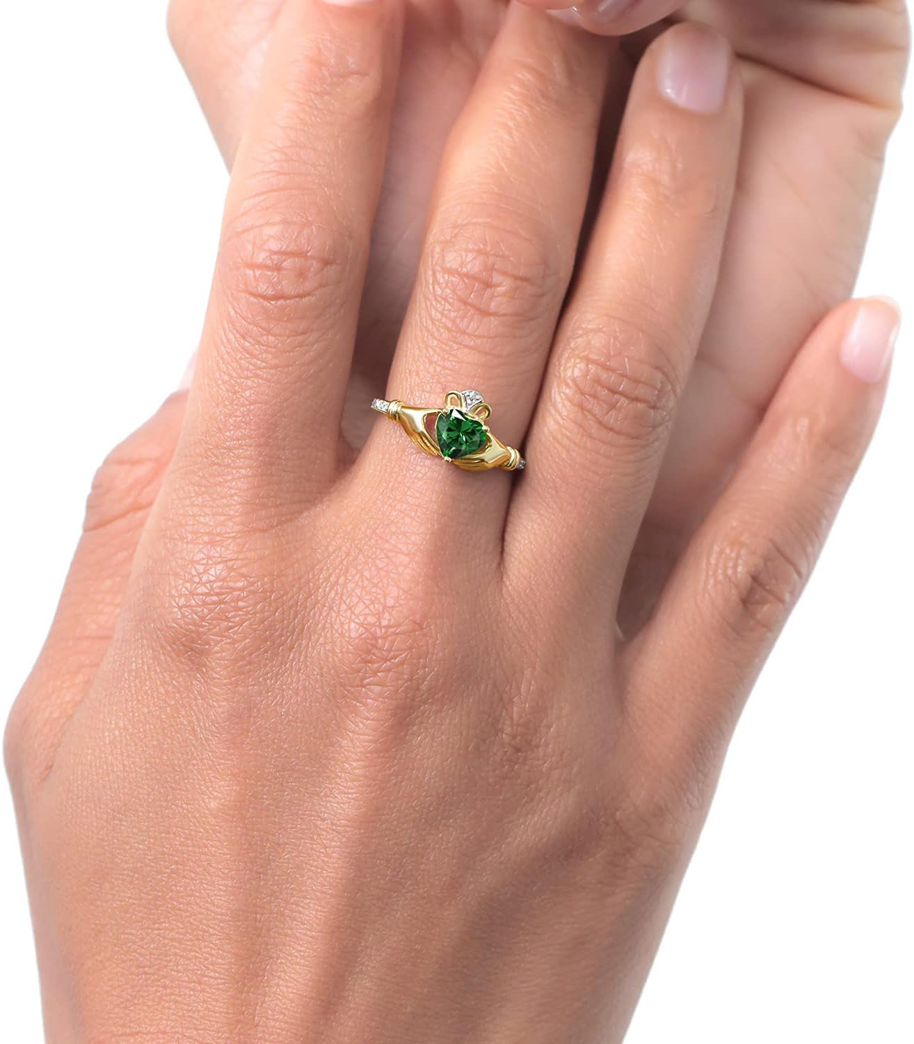 10K Yellow Gold Green Simulated Emerald and Diamond Accent Irish Celtic Claddagh Ring for Women (0.74 Cttw, Available in Size 5, 6, 7, 8, 9)