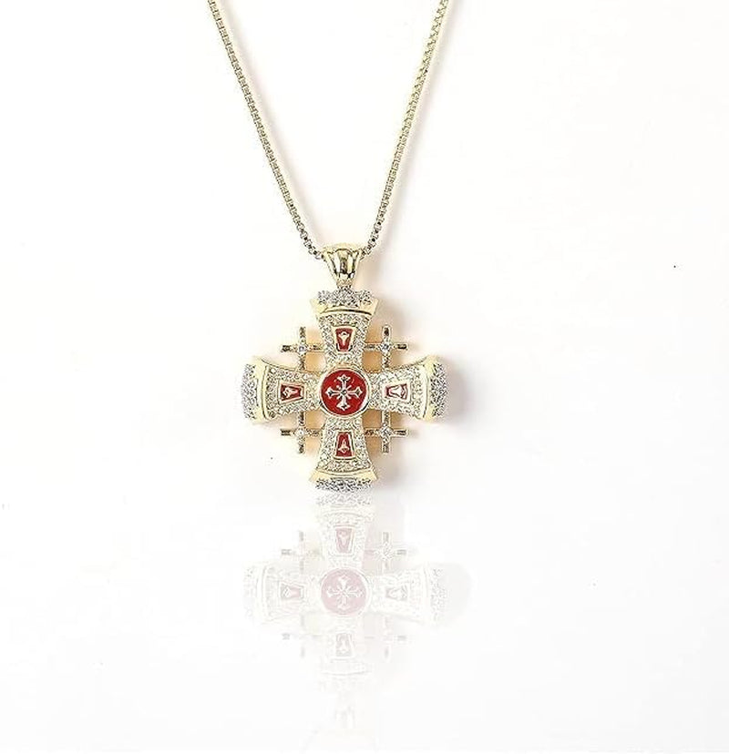 Crusaders Jerusalem Cross Pendant Necklace Gold Plating 18K Enamel Crystallized Stones 1.3"