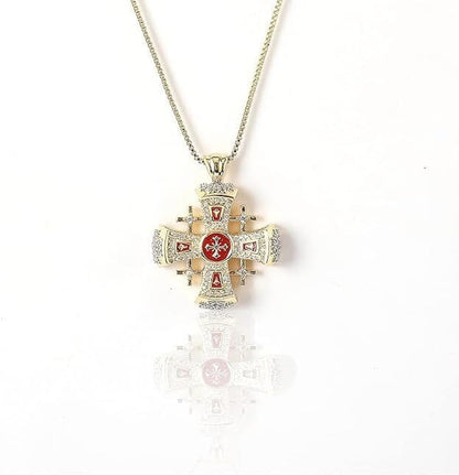 Crusaders Jerusalem Cross Pendant Necklace Gold Plating 18K Enamel Crystallized Stones 1.3"