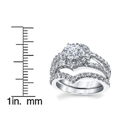 Women's Round Brilliant Cut Heart Shaped Sterling Silver 2-Pc Bridal Set Engagement Wedding Ring Bands Cubic Zirconia