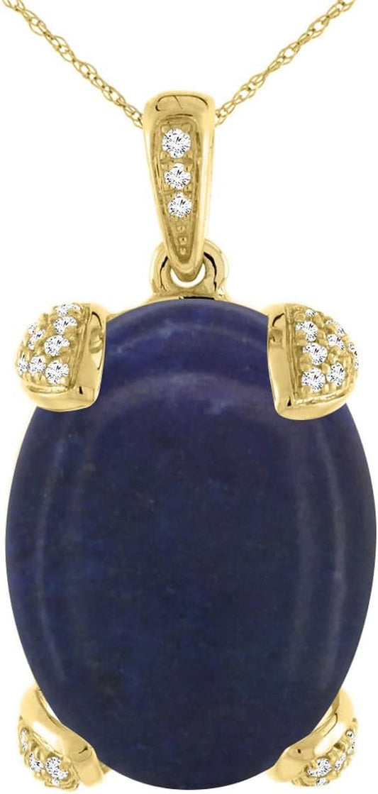 14K Yellow Gold Natural Lapis Necklace Oval 18X13 Mm with Diamond Accents