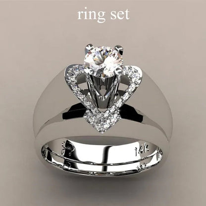 New Fashion Creative Exquisite Women'S Heart Shaped Simulation Zircon Ring Set Engagement Ring Set