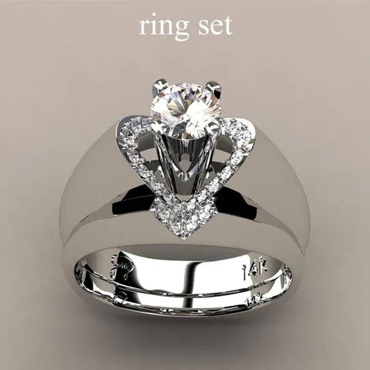 New Fashion Creative Exquisite Women'S Heart Shaped Simulation Zircon Ring Set Engagement Ring Set