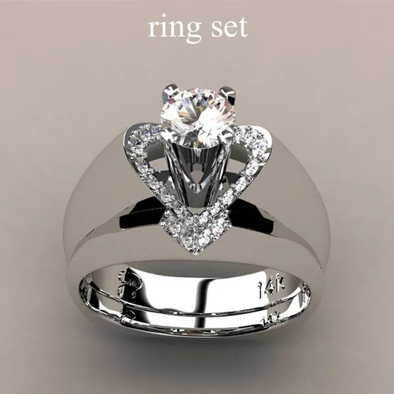 New Fashion Creative Exquisite Women's Heart Shaped  Simulation Zircon Ring Set  Engagement Ring Set