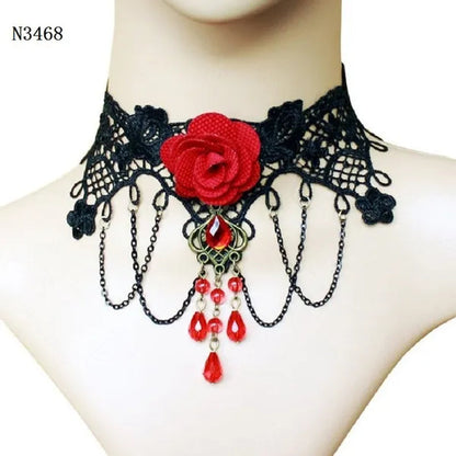 Black Lace Necklace Chokers Vintage Style Female Gothic Wedding Red Rose Crystal Diamond Pendant Collarbone Necklaces Chain Accessories for Women Girls