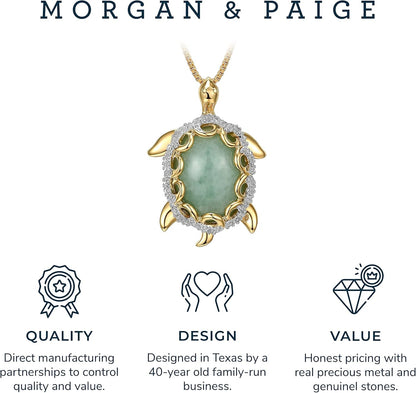 .925 Sterling Silver 18K Gold Plated Genuine Jade Necklaces for Women - Elephant and White Sapphire or Turtle with 1/10 Cttw Diamond Pendant, Gold Necklace for Women Jewelry 18 Inch