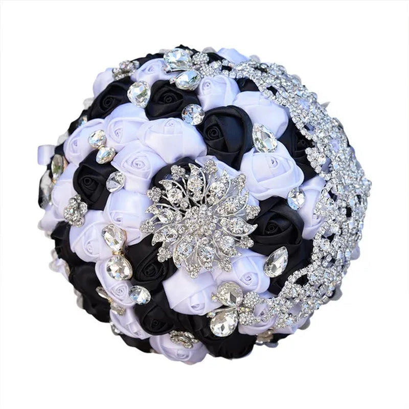 18CM Luxury Crystal Brooch Bride Bouquet Holding Flower Ribbon Lace Wedding Bouquet Artificial Simulation Rose Wedding Flower Bridesmaid Bouquet
