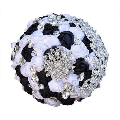 18CM Luxury Crystal Brooch Bride Bouquet Holding Flower Ribbon Lace Wedding Bouquet Artificial Simulation Rose Wedding Flower Bridesmaid Bouquet