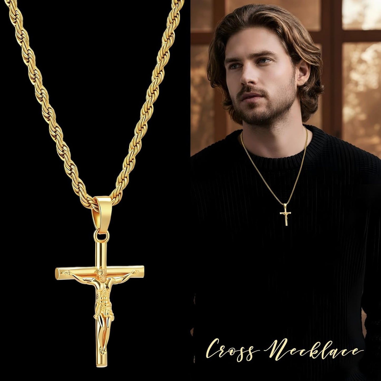 Mens Cross Necklace - Gold/Silver Chain, 18K Gold Plated Crucifix Pendant, Jewelry Gift for Him
