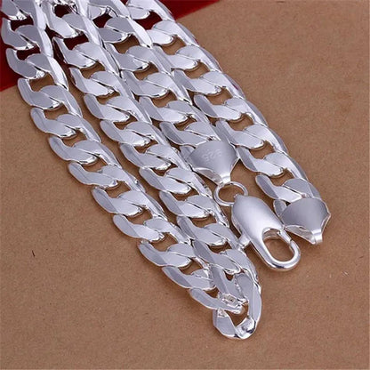 High Quality 925 Sterling Silver 12MM Width Male Jewelry 925 Solid Silver Fashion Jewelry Men Curb Chain Necklace Bracelet 8-30 Inches