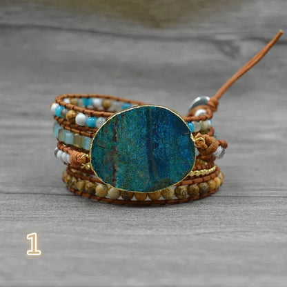 Vintage Boho Handmade Turquoise Charm Natural Stone Beads Bracelets Adjustable Wrap Leather Bracelet Jewelry