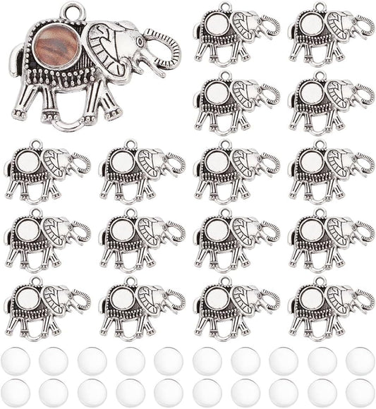 40Pcs Elephant Pendant Trays, 20Pcs Animal Photo Charms Blank Bezel with 20Pcs Transparent Glass Cabochon Dome Tiles Memorial Photo Pendant for Seaside Wedding Graduation Jewelry Making