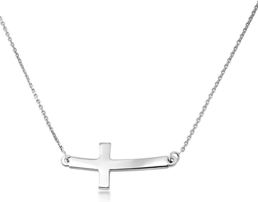 .925 Sterling Silver Sideways Horizontal Curved Cross Bar Style Necklace