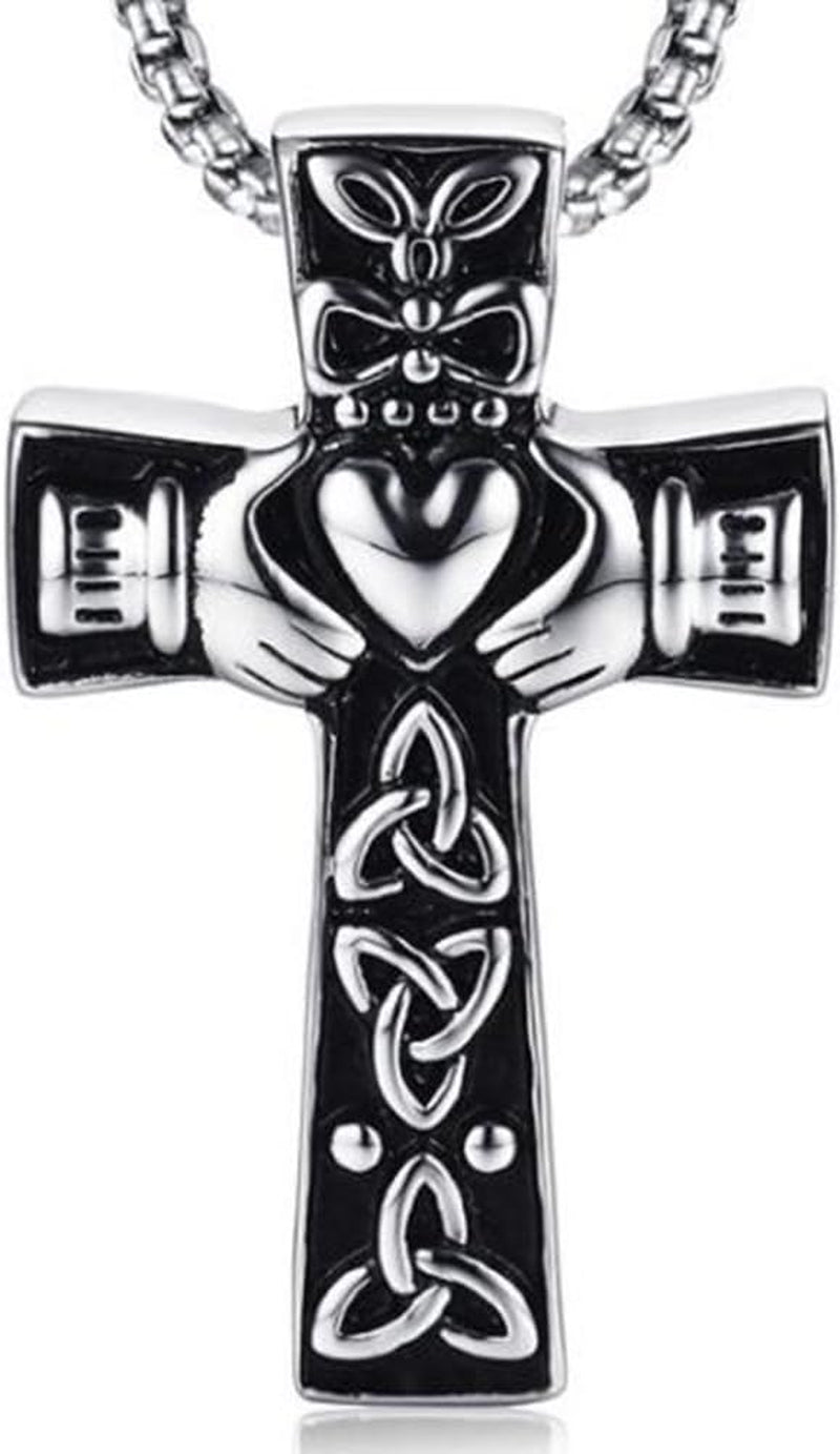 Retro Vintage Stainless Steel Celtic Knot Claddagh Jesus Cross Heart Pendant Necklace