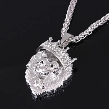 Titanium Steel Diamond Crown Lion Head Necklace Hip Hop Luminous Necklace Men's Gold-plated Punk Party Pendant Necklace