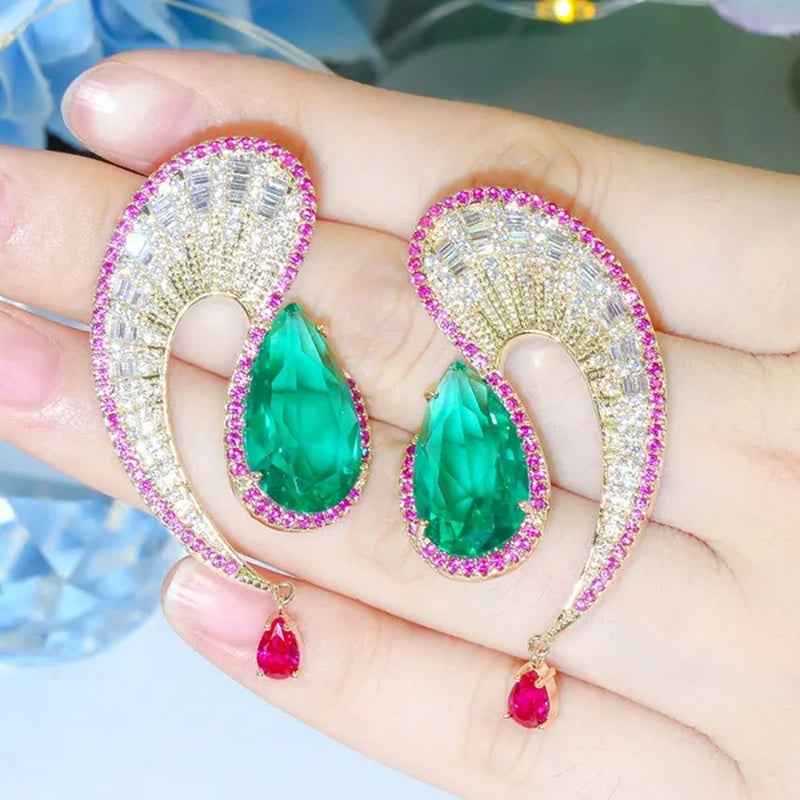 CANDICE Noble Micro Pave Tiny CZ Crystal Unique Leaf Shape Earrings with Green Water Drop Stones Ethiopian Gold Plated Wedding Banquet Jewelry for Women