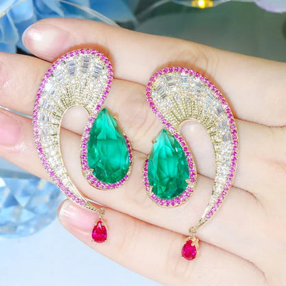 CANDICE Noble Micro Pave Tiny CZ Crystal Unique Leaf Shape Earrings with Green Water Drop Stones Ethiopian Gold Plated Wedding Banquet Jewelry for Women