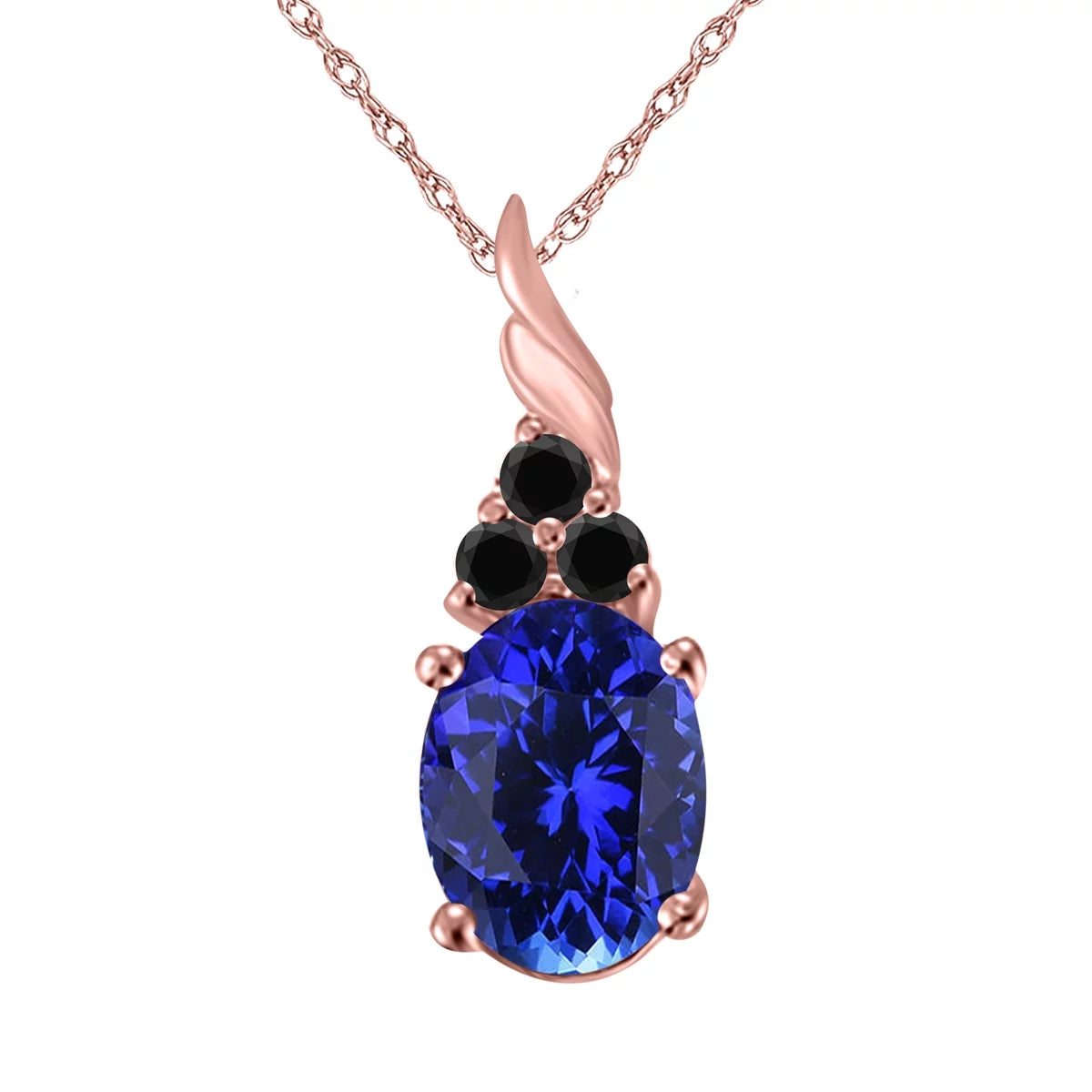 Tanzanite & Black Diamond Pendant Necklace for Women | 14K Rose White & Yellow Gold 1.36 Carat 4 Stone Oval Shape Prong Setting 18 Silver Box Chain Necklace