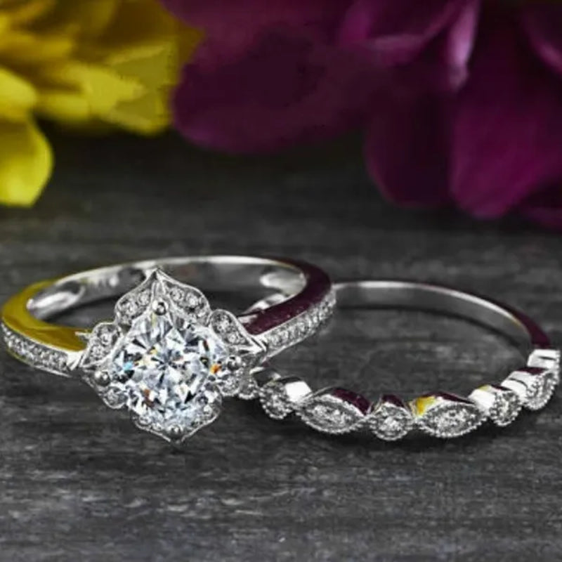 Exquisite Romantic 925 Standard Sterling Silver Fancy Engagement Princess Wedding Ring Love Diamond Set Size 6-10