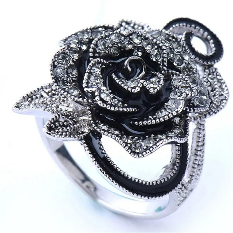 US/UK Trendy Women Retro Rose Flower Ring Black Crystal Vantige Big Flower Rings Jewelry Gift