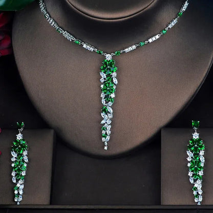 CANDICE Elegant CZ Big Bridal Jewelry Set for Women Red Cubic Zirconia Wedding Party Long Flower Drop Necklace Earrings WIth White Gold Plating