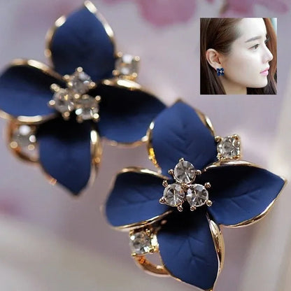 18K Gold Plated White Crystal Colorful Enamel Leaves Flower Omega Back Earrings Stud Earrings for Women Ladies Girls Jewelry