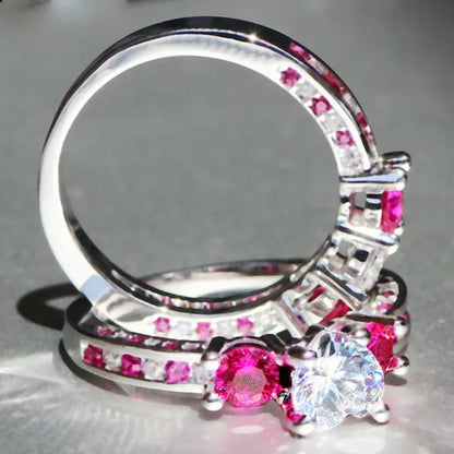 Luxury  Silver Crown Ruby Ring Natural Stone Birthstone Gemstones Engagement Rings Wedding Anniversary Bride Women Square Crossing Set Ring Size 6 7 8 9 10