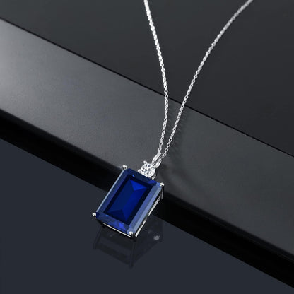 17.83 Cttw Blue Created Sapphire and White Topaz Pendant Necklace for Women in 925 Sterling Silver | Emerald Cut 18X13MM | with 18 Inch Silver Chain