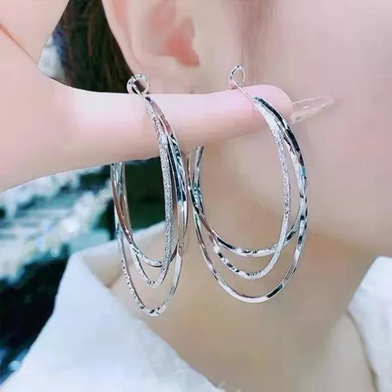 Exquisite Silver Plated Gold Color Three-Layer Circle Exaggerated Simple Earrings Romantic Valentine'S Day Gift Engagement Earrings Wedding Earrings Anniversary Hoop Earrings Women'S European and American Fashion Female Jewelry