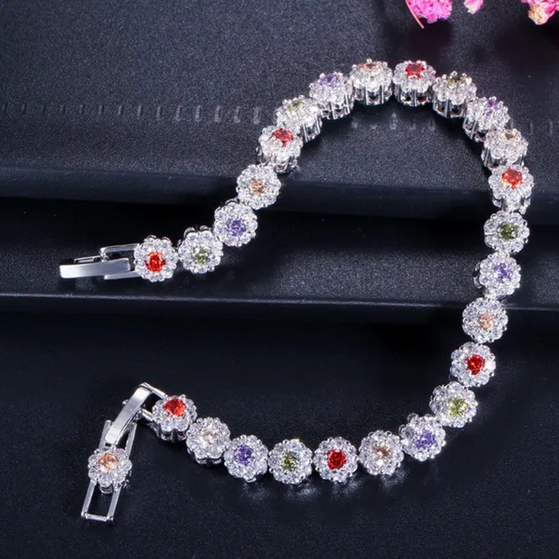 Gloriya Exquisite Silver Plated Fashion Hand Jewelry Pave Twinkling Multi Color Cubic Zirconia Crystal Party Flower Tennis Bracelet for Women (Free Extension)