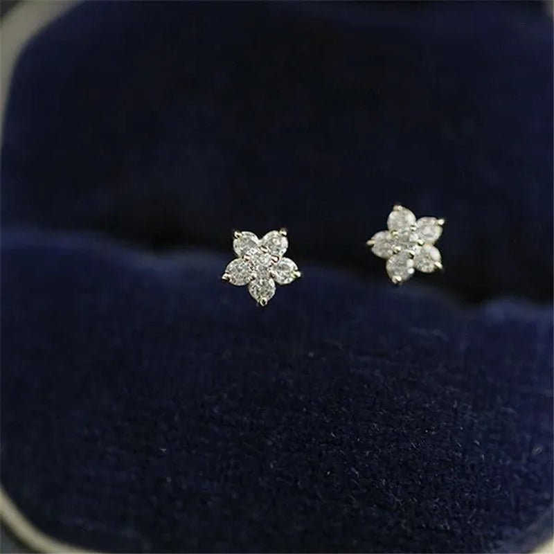 Round Cut Diamond Small Flower Stud Earrings for Women Daily Causal Accessories Girls Birthday Gifts Jewelry