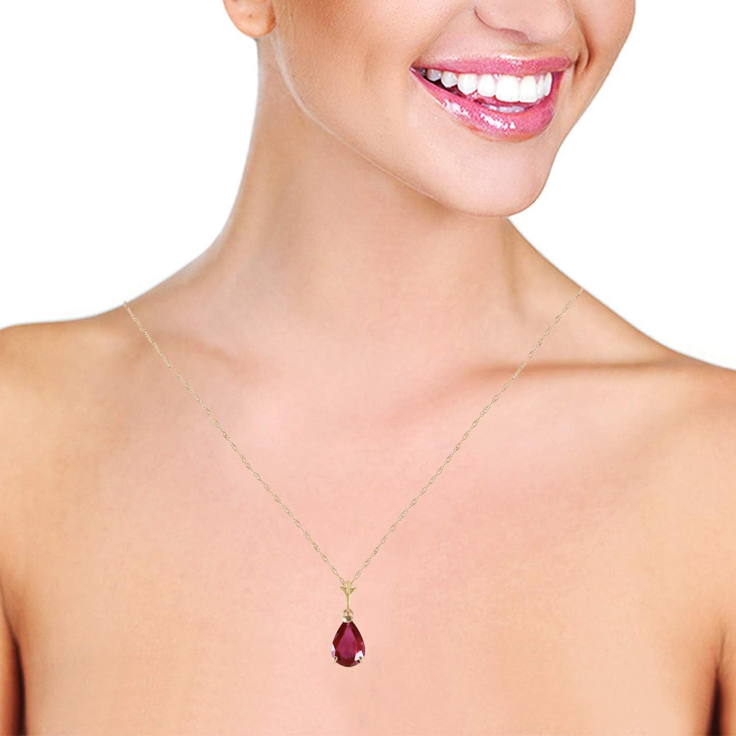 14K Solid Yellow Gold 1.75 Ct Pear-Shaped Ruby Drop Pendant Necklace
