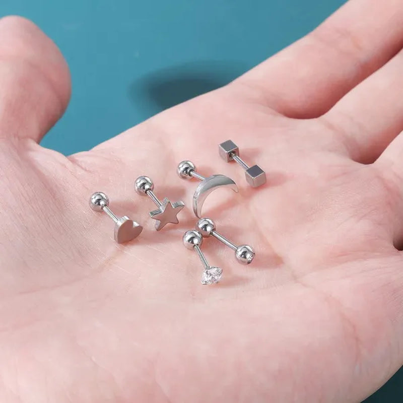 6 Pairs 5 Colors Stainless Steel Tiny Stud Earrings for Women Girls Heart Moon Star Crystal CZ Earrings Cartilage Helix Ear Piercing Set