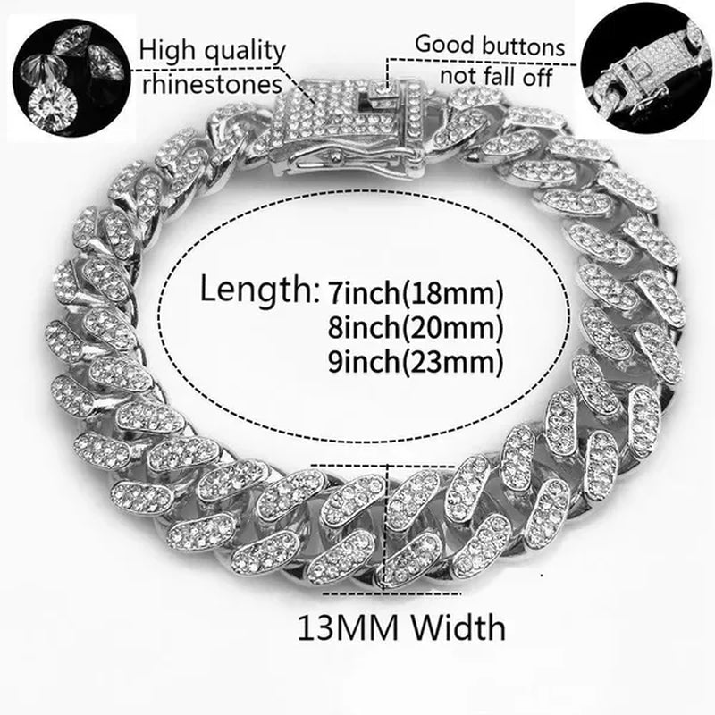 A Set(Bracelet+Necklace) 13MM Width Cuban Link Chain Gold Silver Plated Bling Miami Cuban Necklace Bracelet Diamond Chain for Fashion Men and Women Iced Out Hip Hop Jewelry Set
