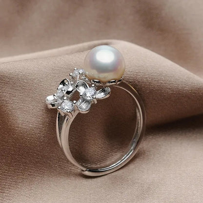 Flower 925 Sterling Silver White Natural Freshwater Cultured Pearl Ring for Women'S Fine Jewelry