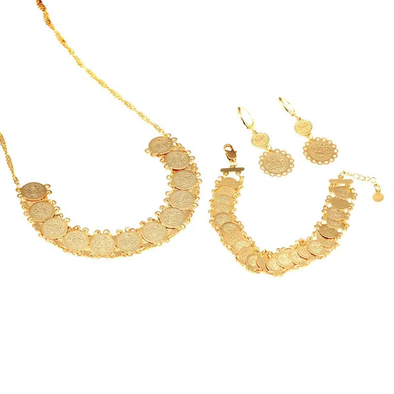 Dubai Gold Plated Jewelry Set For Women African Ethiopian Jewelry Antique Coin Bracelet Earrings Necklace Set
