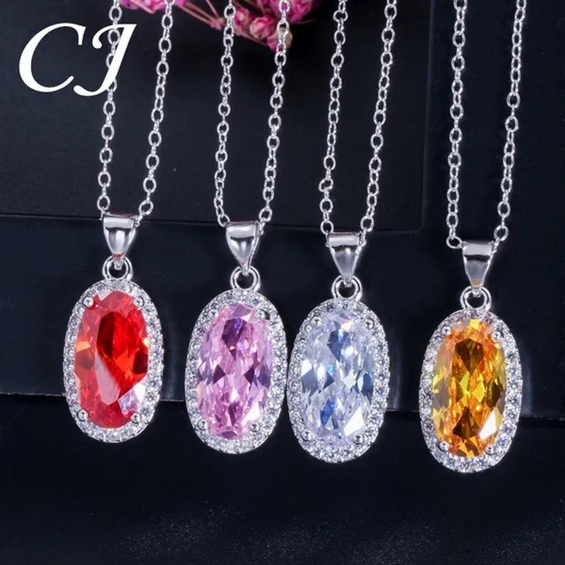 CANDICE Fashion Women Sterling Silver Plated Jewelry Sets for Girls Lovely Oval Pink CZ Stone Party Necklace Earrings Ring Set（Us 7-9)