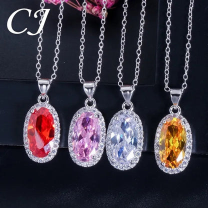 CANDICE Fashion Women Sterling Silver Plated Jewelry Sets for Girls Lovely Oval Pink CZ Stone Party Necklace Earrings Ring Set（Us 7-9)