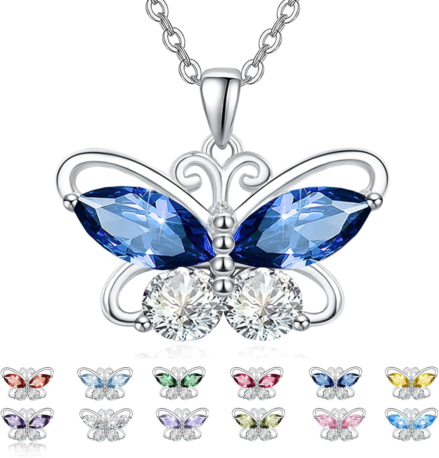 12 Birthstone Butterfly Pendant Necklace for Women 925 Sterling Silver Cubic Zirconia Butterfly Jewelry Christmas Wedding Birthday Gifts for Mom Wife Daughter