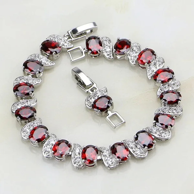 Red Garnet White Topaz 925 Sterling Silver Bridal Jewelry Charm Bracelet for Women Free Gifts Box