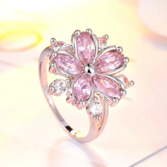 New Elegant Fashion Cherry Blossom Princess Engagement Ring Bridal Romantic Cherry Blossom Zircon Women'S Ring Party Gift Pink Ring