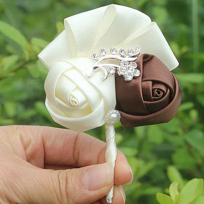 Handmade 8piece/lot Colorful Silk Rose Wedding Corsages Boutonniere Groom Diamond Wedding Flowers Boutonniere Brooch Flower