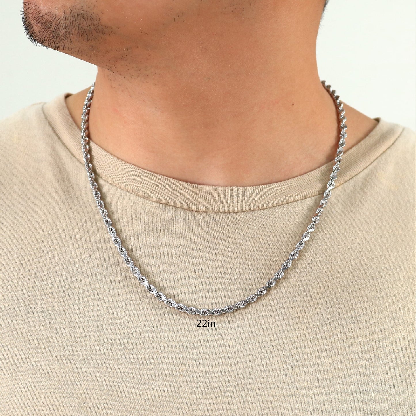 10K White Gold 5Mm Rope Chain Diamond Cut Pendant Necklace, Mens Jewelry 18" - 30"